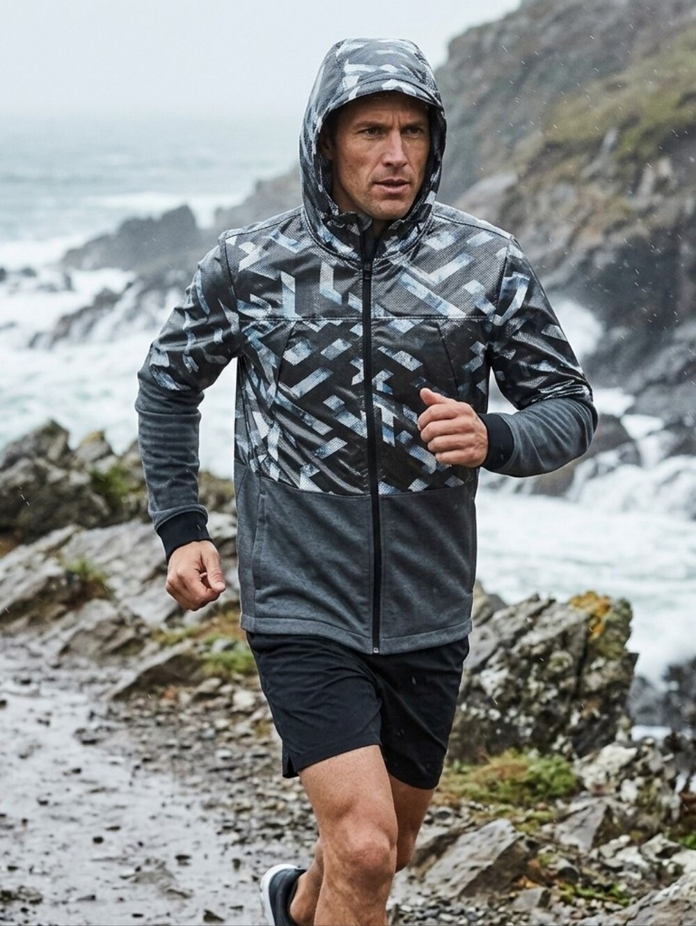 Men's Grey Hooded Active Jacket with Geometric Print